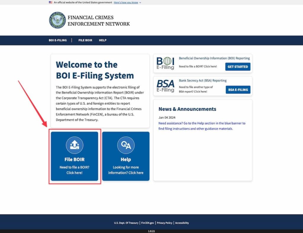 Navigate to the BOI E-Filing System and click File BOIR